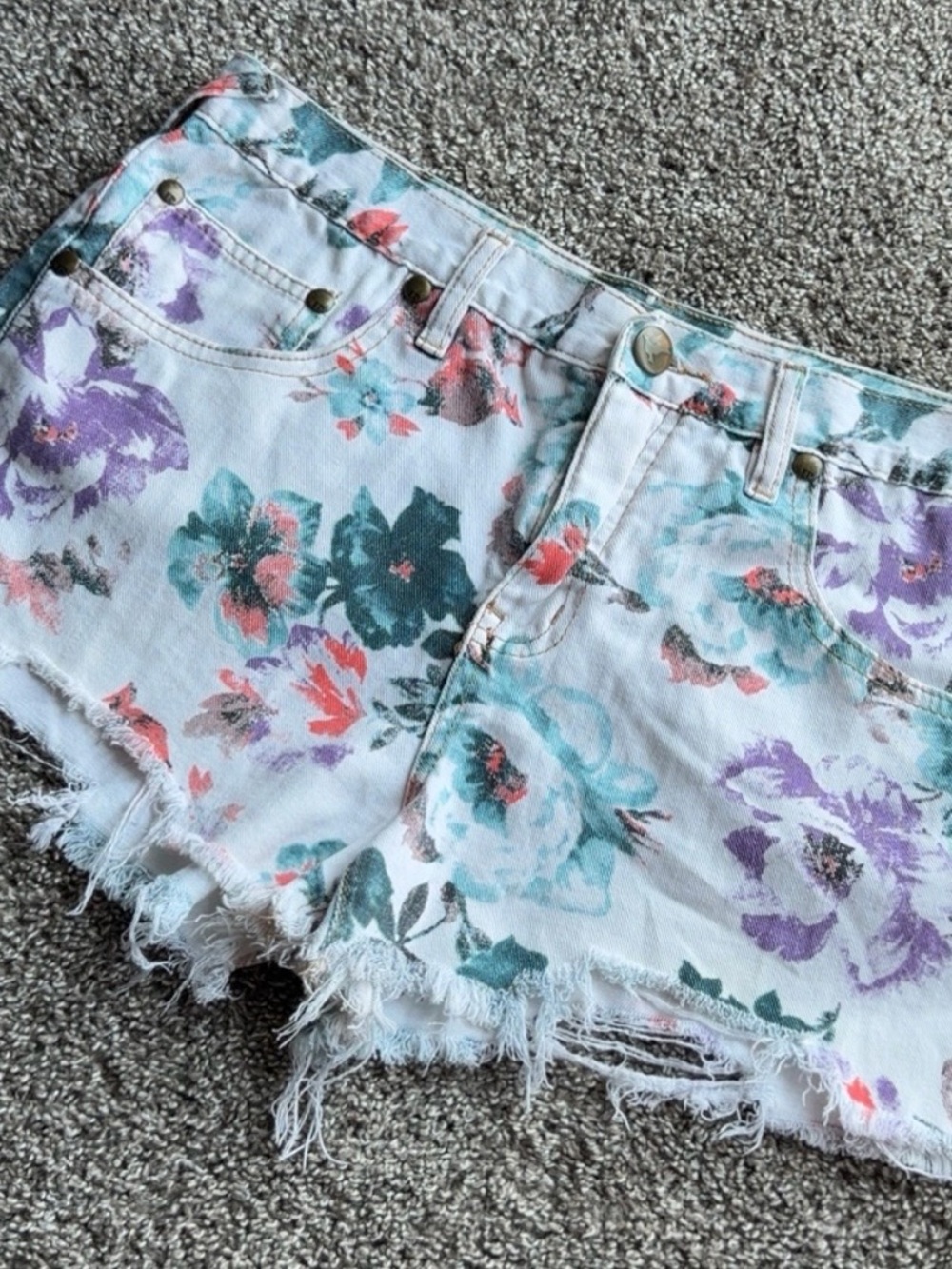 Free People White Floral Denim Cutoff Shorts - Pastel Multi